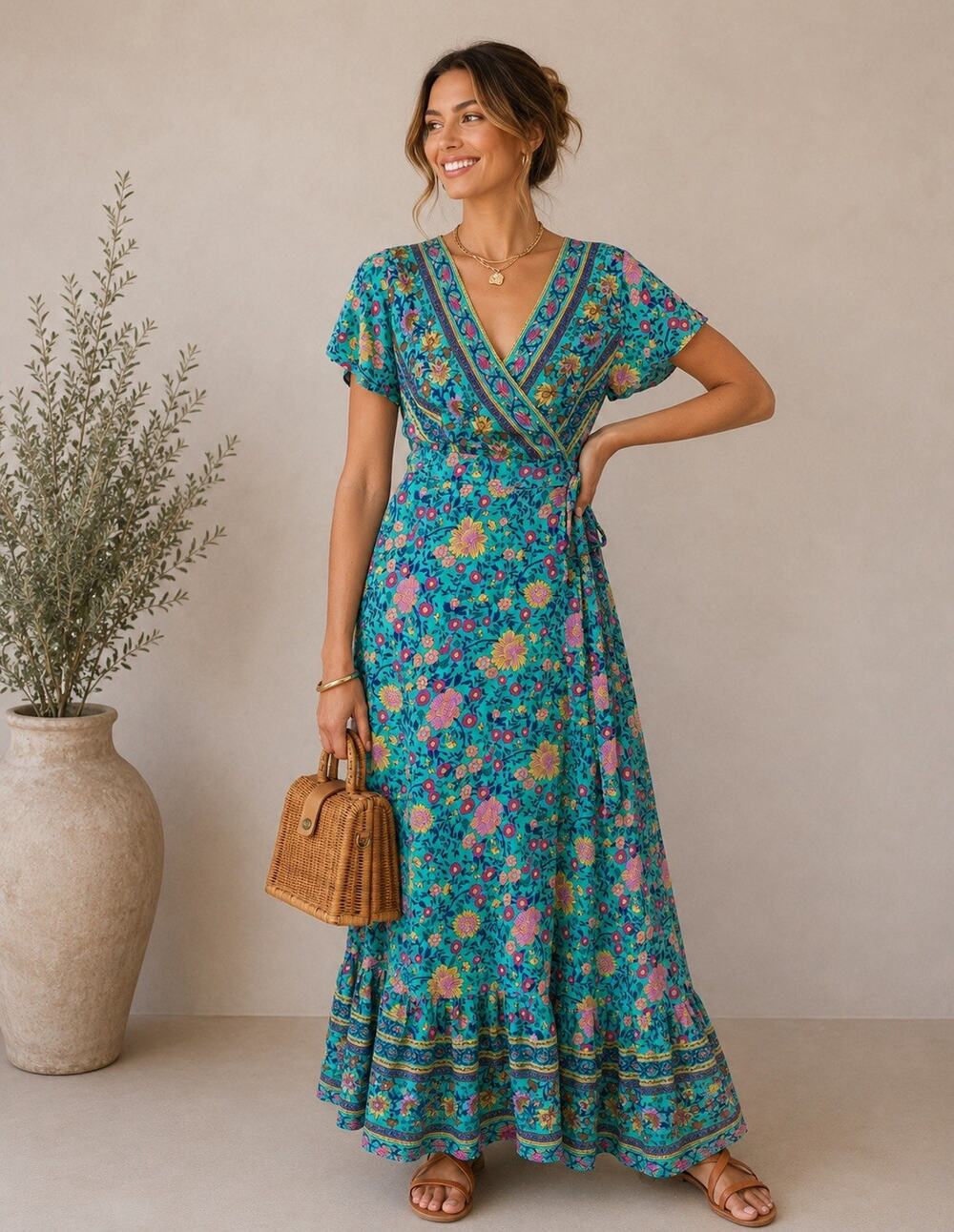 Zesica Teal Floral Wrap Maxi Dress XL Short Sleeve Boho Ruffle Vacation Resort